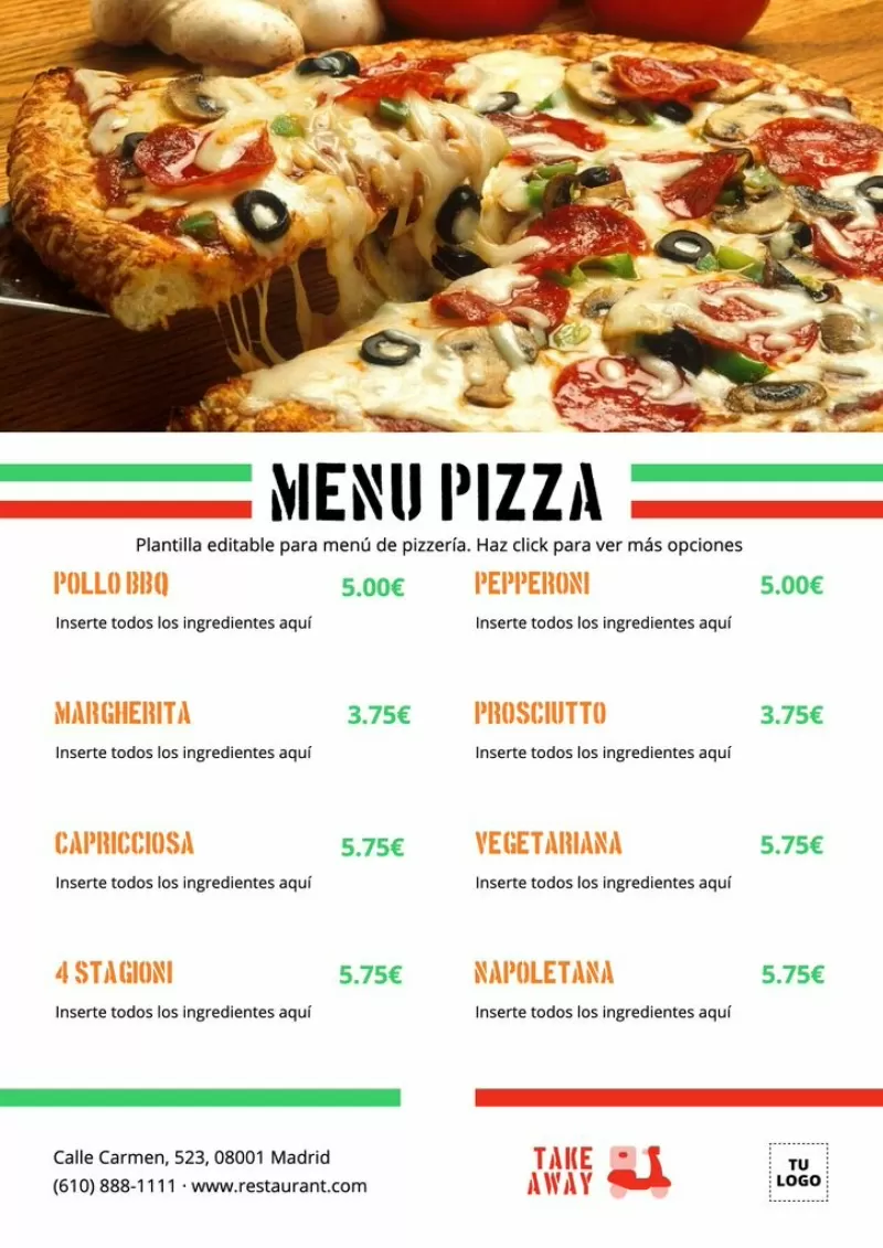 Carta de restaurante de pizzas editable online gratis