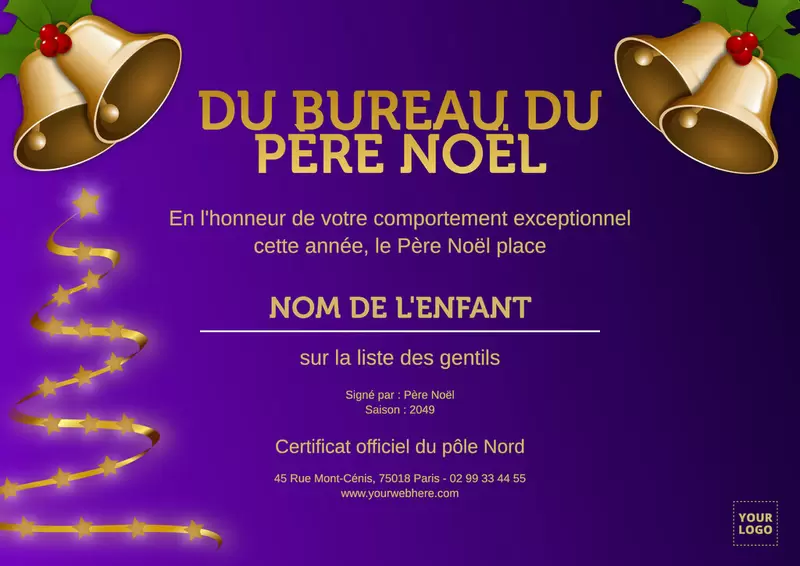 modèle violet de certificat officiel du père noël éditable en ligne