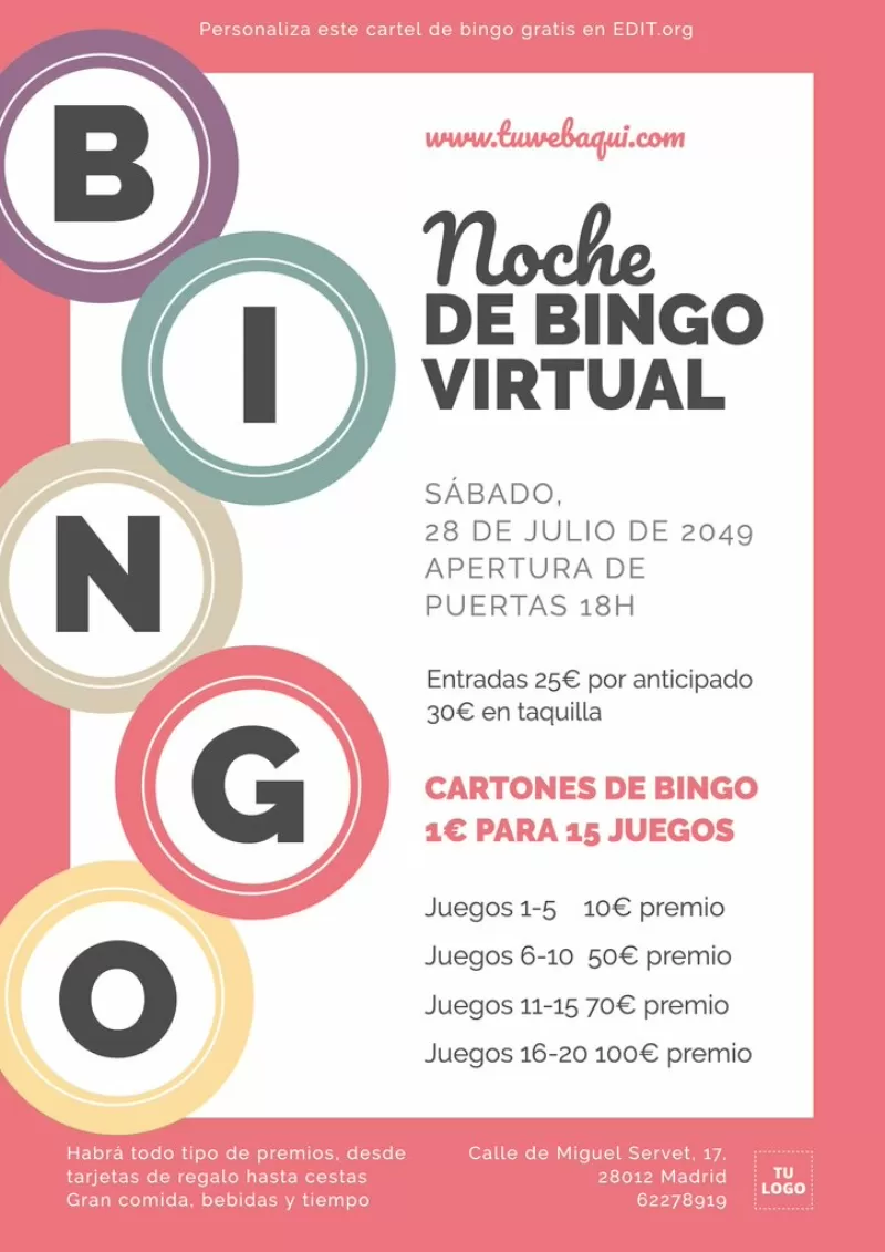 Edita un cartel o flyer de noche de bingo online