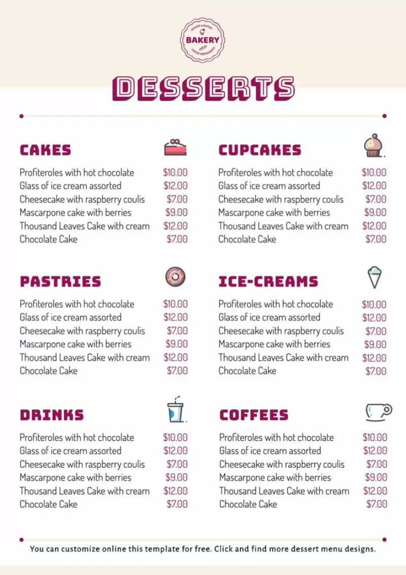 Modello di menu per dessert per creare una lista per il tuo ristorante online e gratuitamente