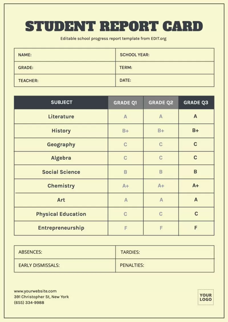 Editable school report card for students