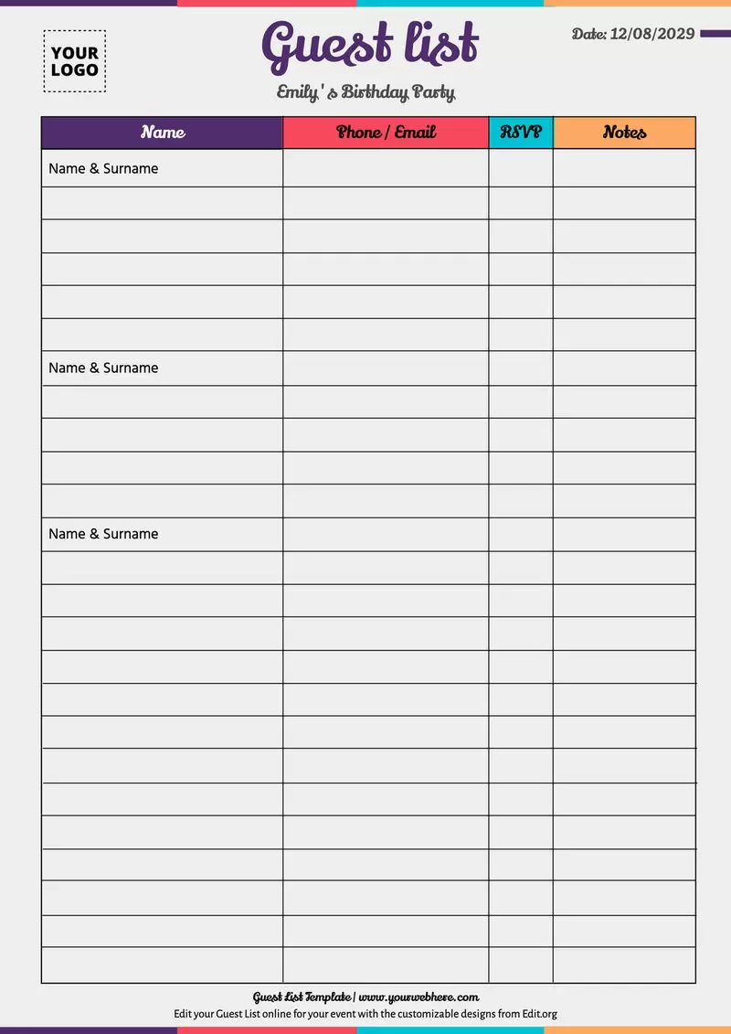 Free printable birthday guest list templates