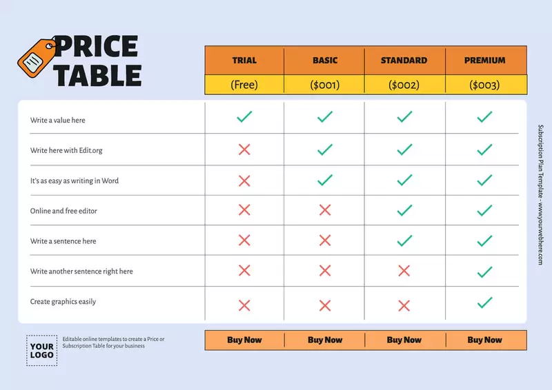 Customizable pricing table design template free