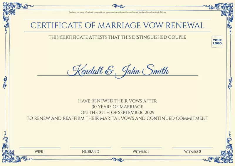 Free editable certificate of Wedding Vows Renewal
