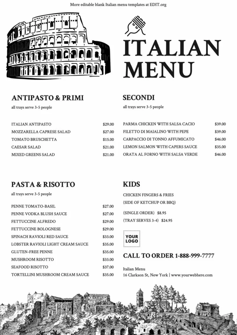 Editable Italian Trattoria menu template free