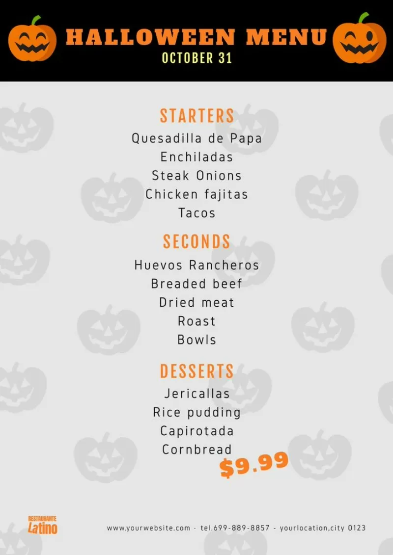Design di menu a tema Halloween per ristoranti