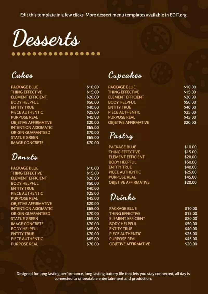 Modèle gratuit de liste de desserts pour les restaurants à éditer en ligne facilement