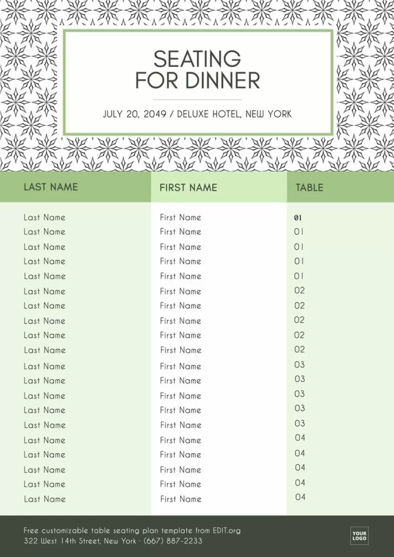 Wedding reception seating chart template