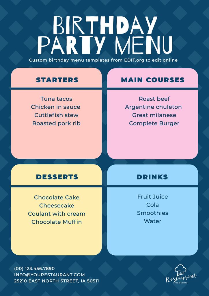 Online customizable birthday menu templates