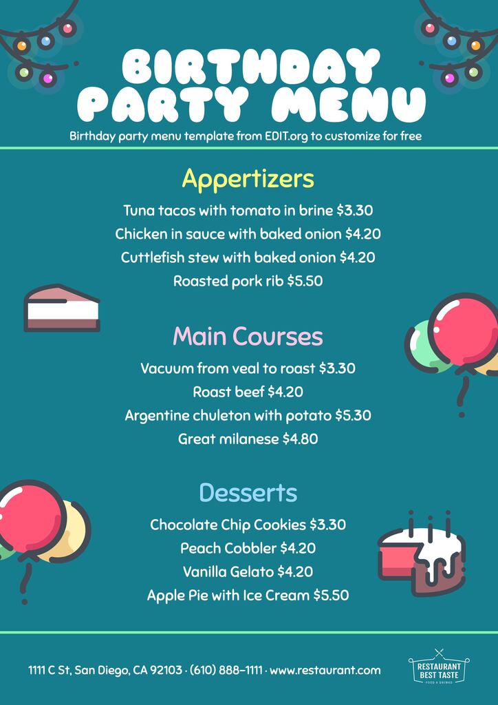 casino all in birthday party menu