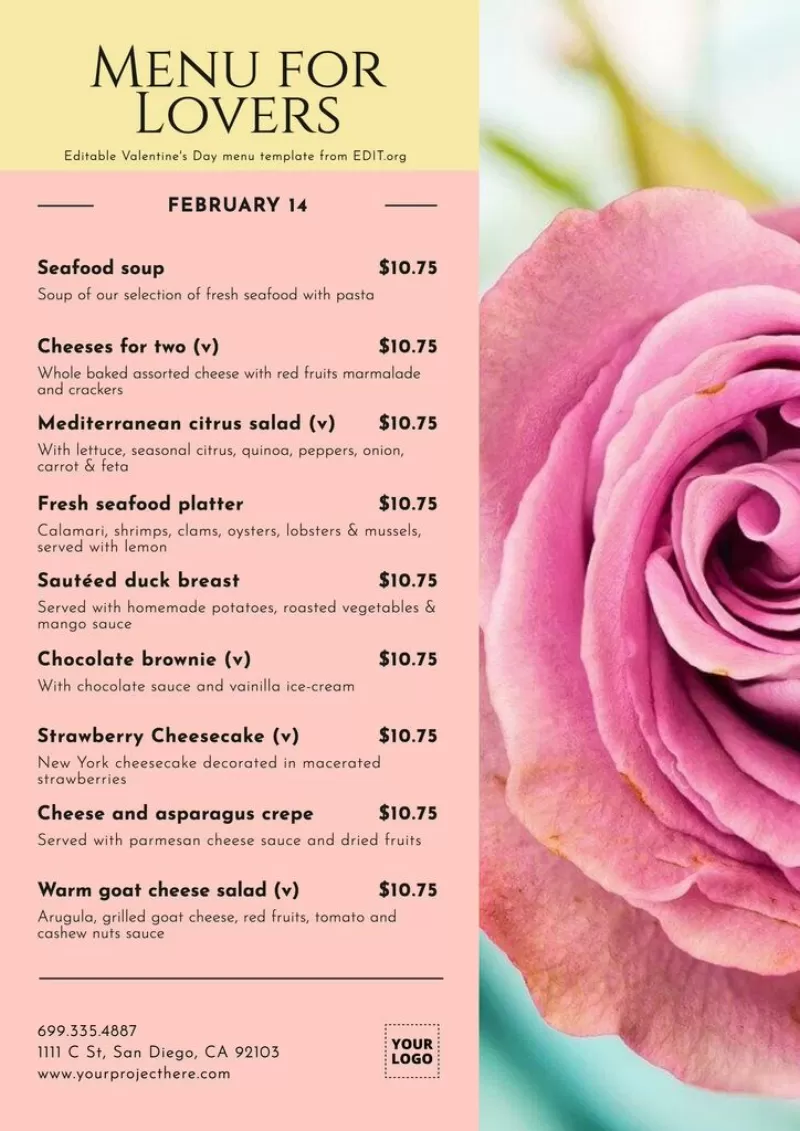 Customizable Valentine's Day dinner menu template