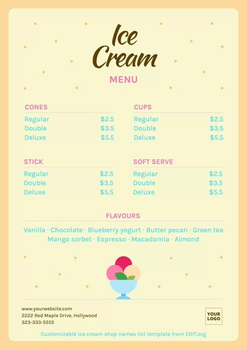 Printable ice cream menu board and list to custom online