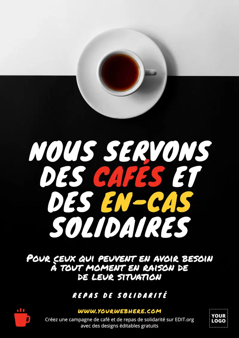 modèle d'affiche noire avec vraie image de déjeuner de solidarité pour cafés et restaurants