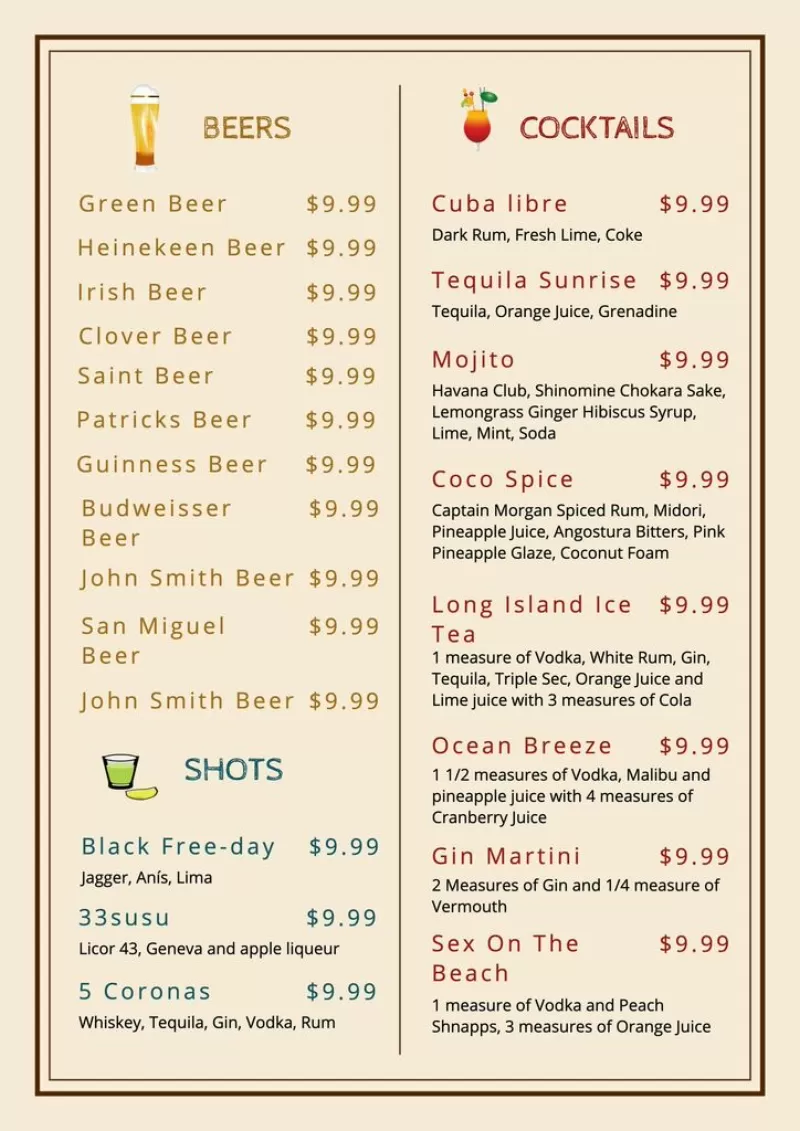 Drink menu editable template for beers, cocktails and shots