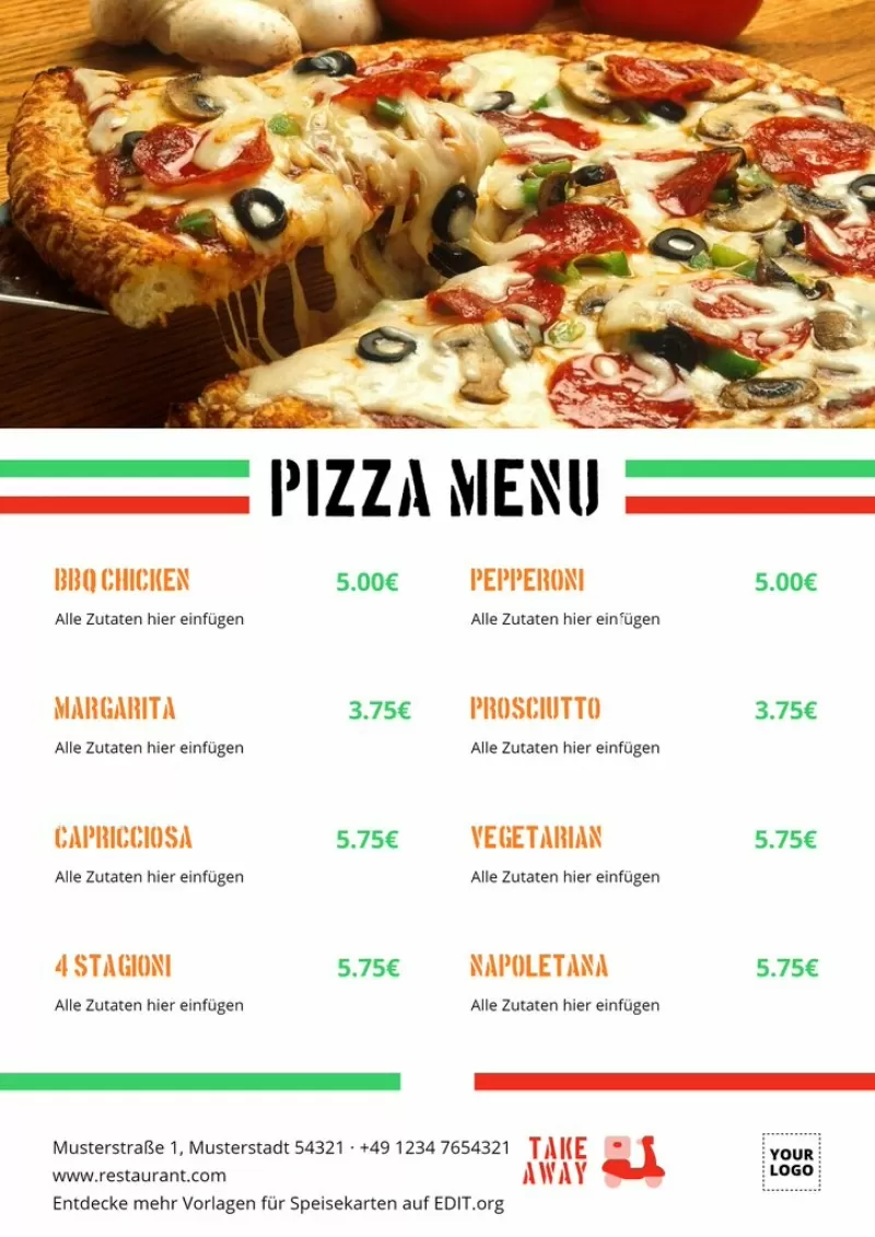 Kostenlose Vorlagen für Pizza Menüs