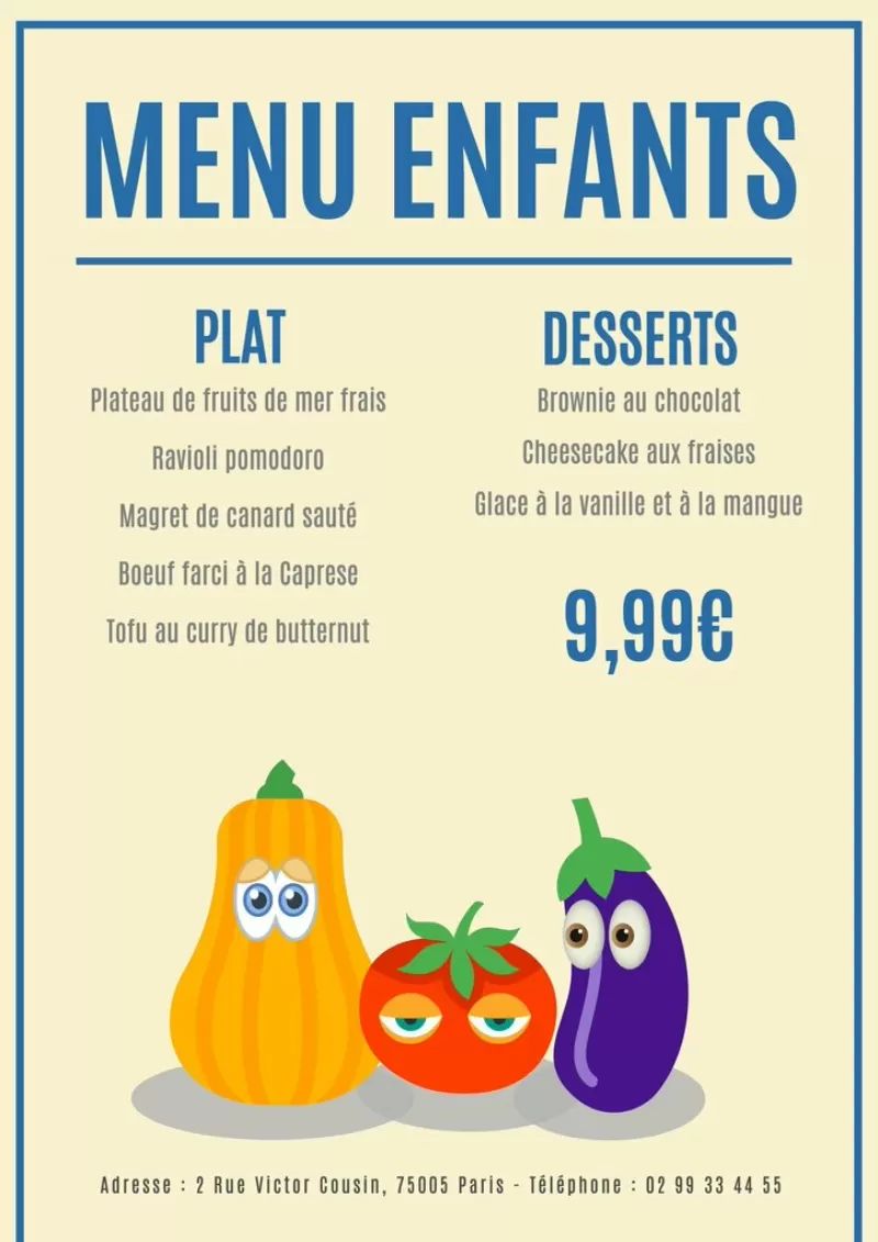 design de menu enfants éditable en ligne avec des dessins de légumes