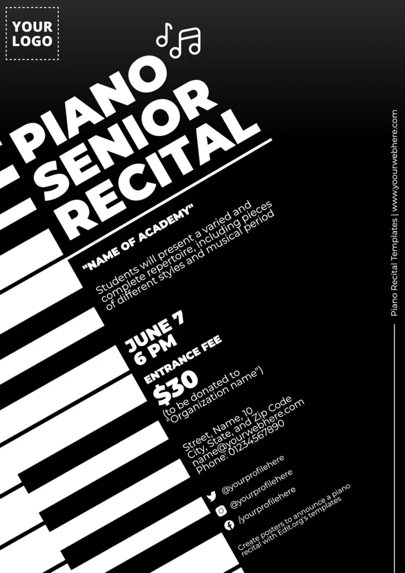Customizable flyer templates for solo piano recital