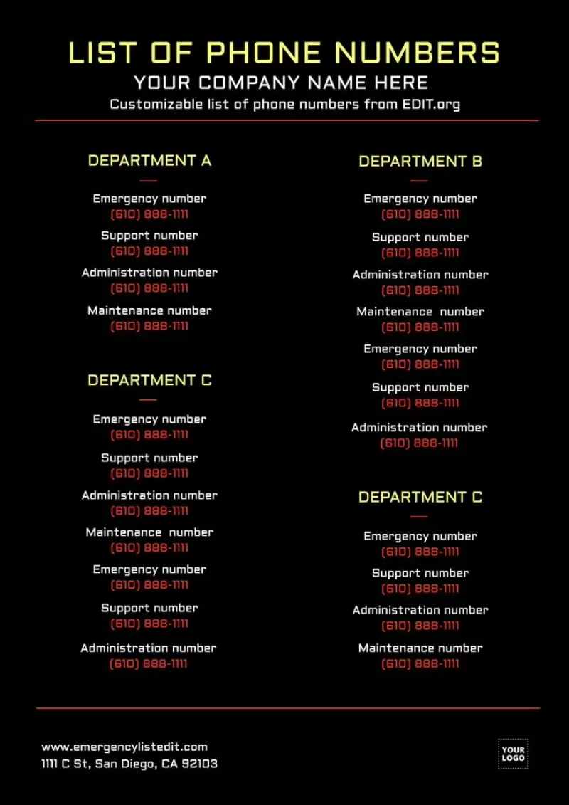 Workplace emergency contact list template
