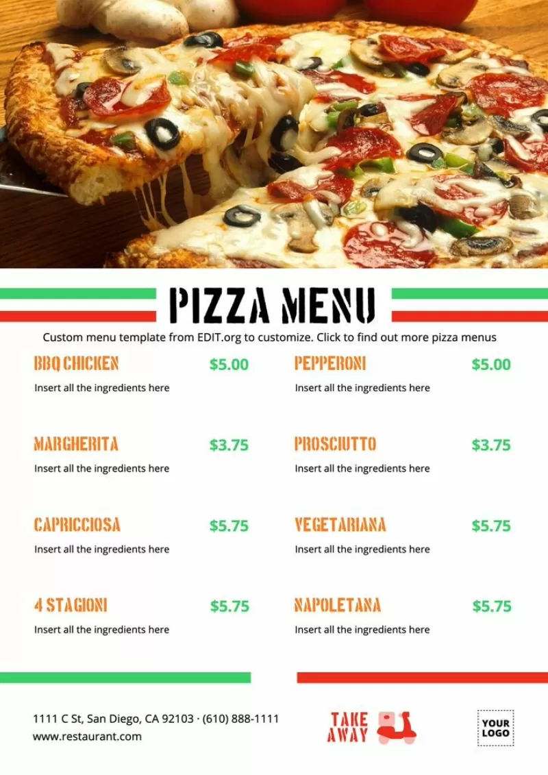 Modello di menu italiano per pizze online in bianco da personalizzare 