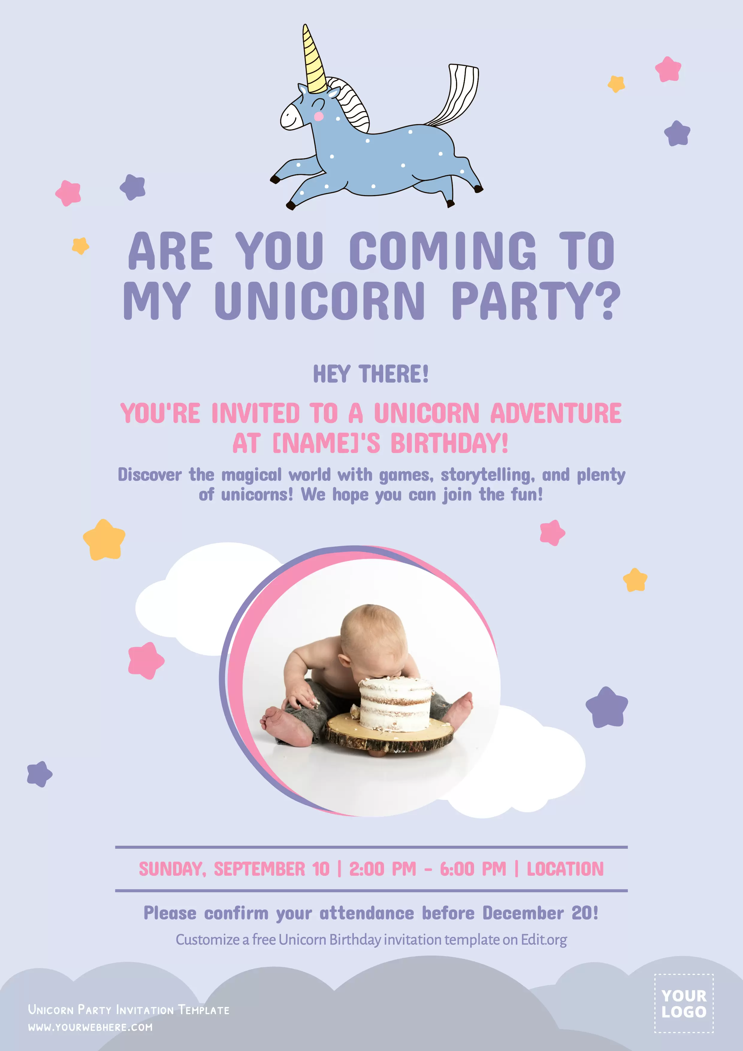 Free printable rainbow Unicorn Birthday invitations