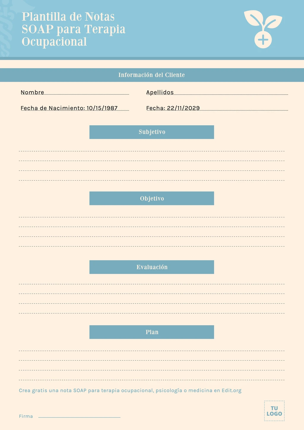 Plantilla de nota de evolución SOAP ejemplo para terapia ocupacional