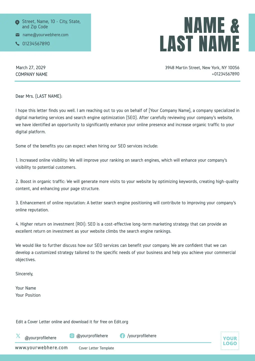 Professional Cover Letter examples to download for free