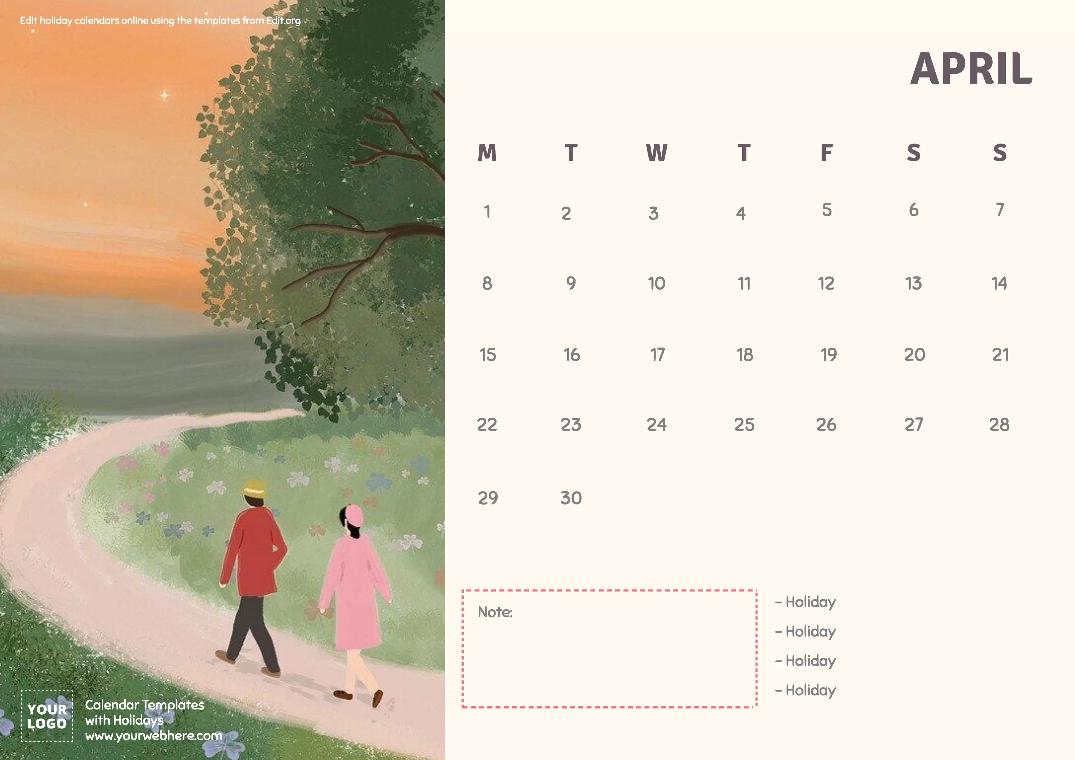 Free printable calendar with holidays for business