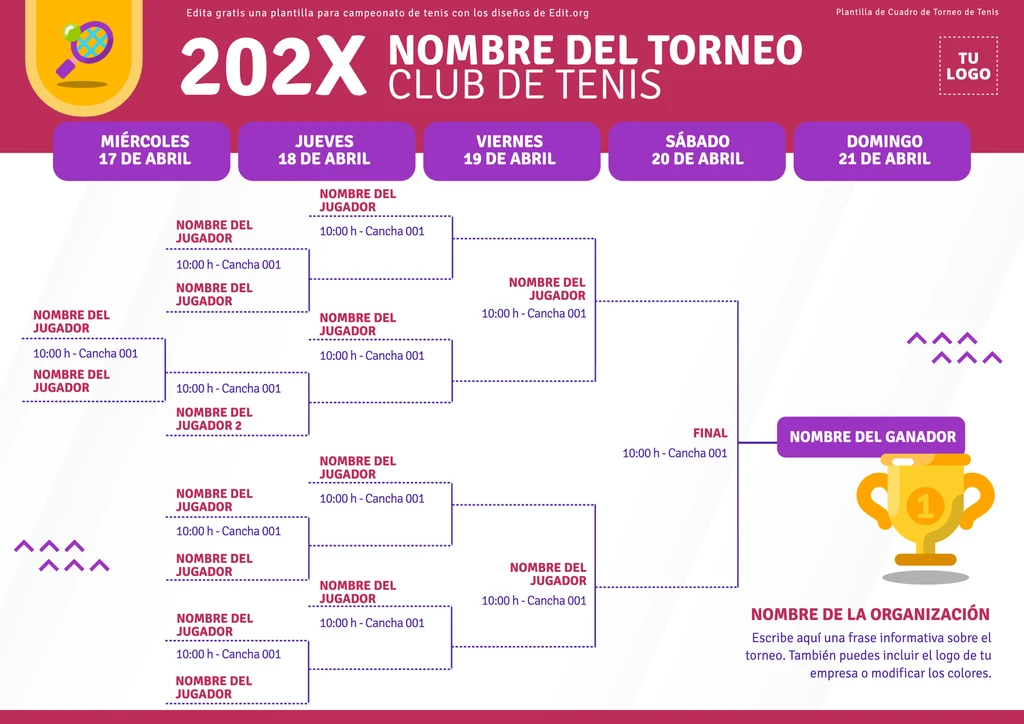 Plantilla hoja tenis para torneos descargable