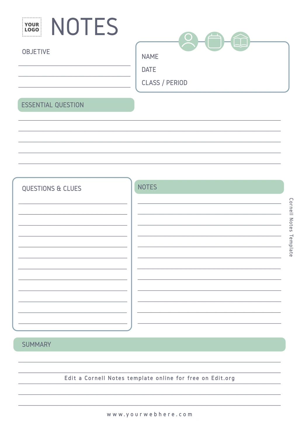 Customizable Cornell notetaking method template