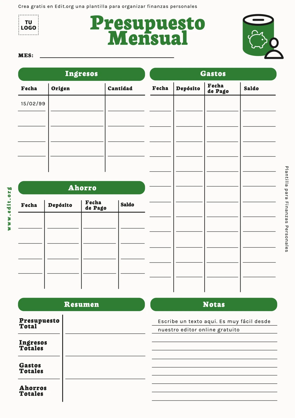 Plantilla de presupuesto personal mensual para personalizar online