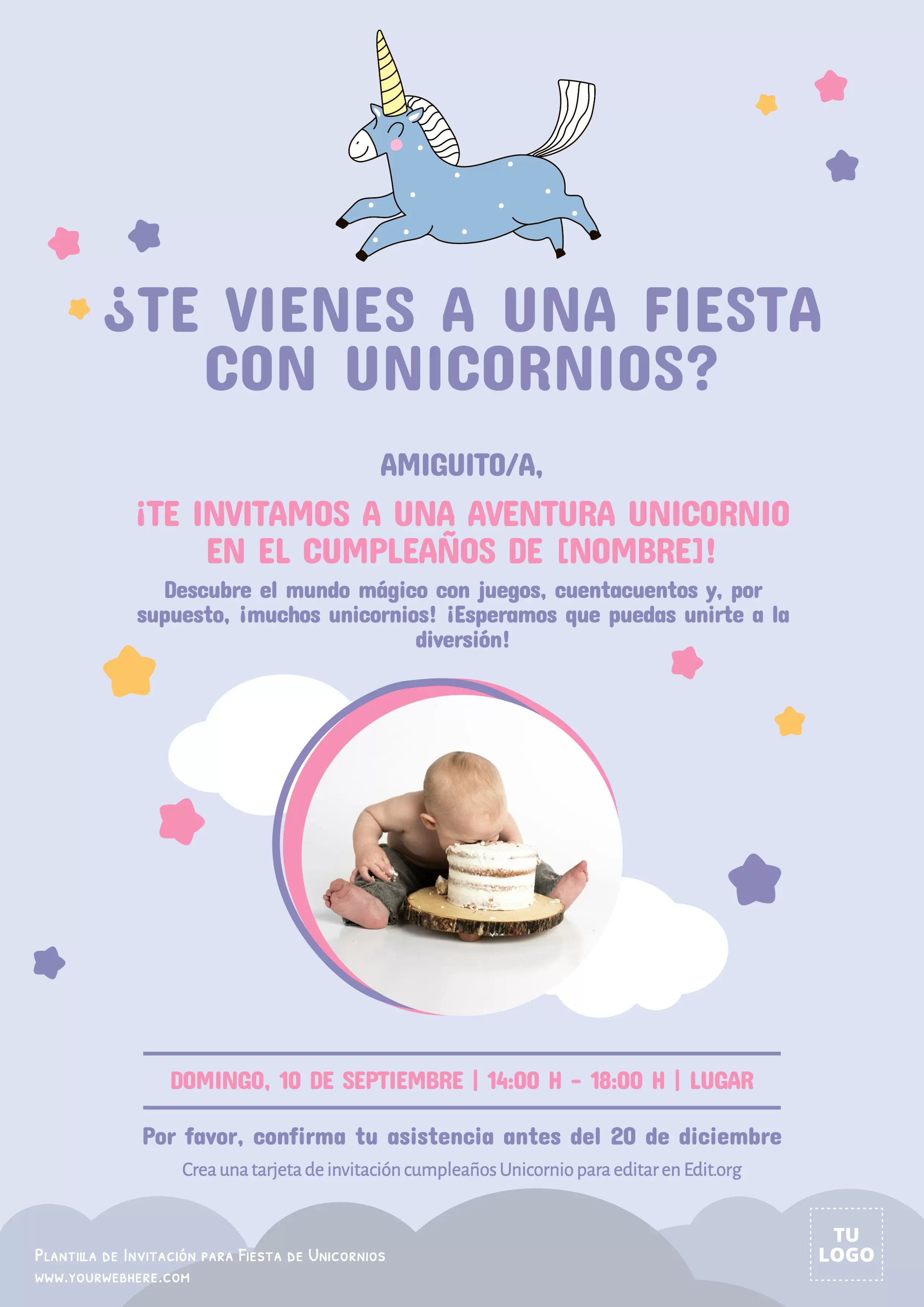 Tarjeta de invitación de unicornio para llenar online