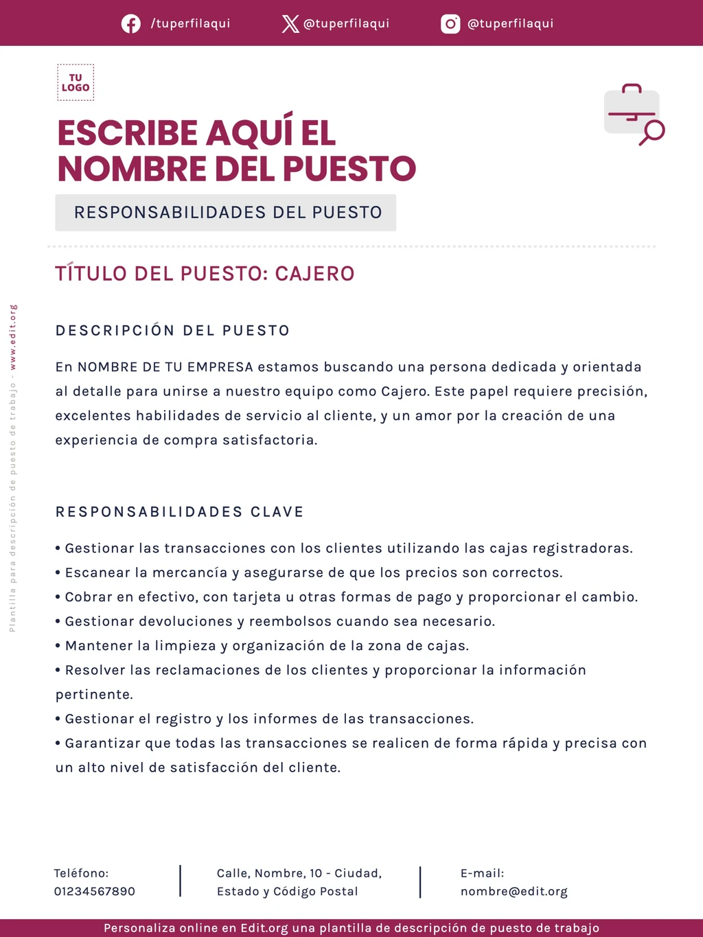 Plantilla descripción del puesto de trabajo para editar gratis online