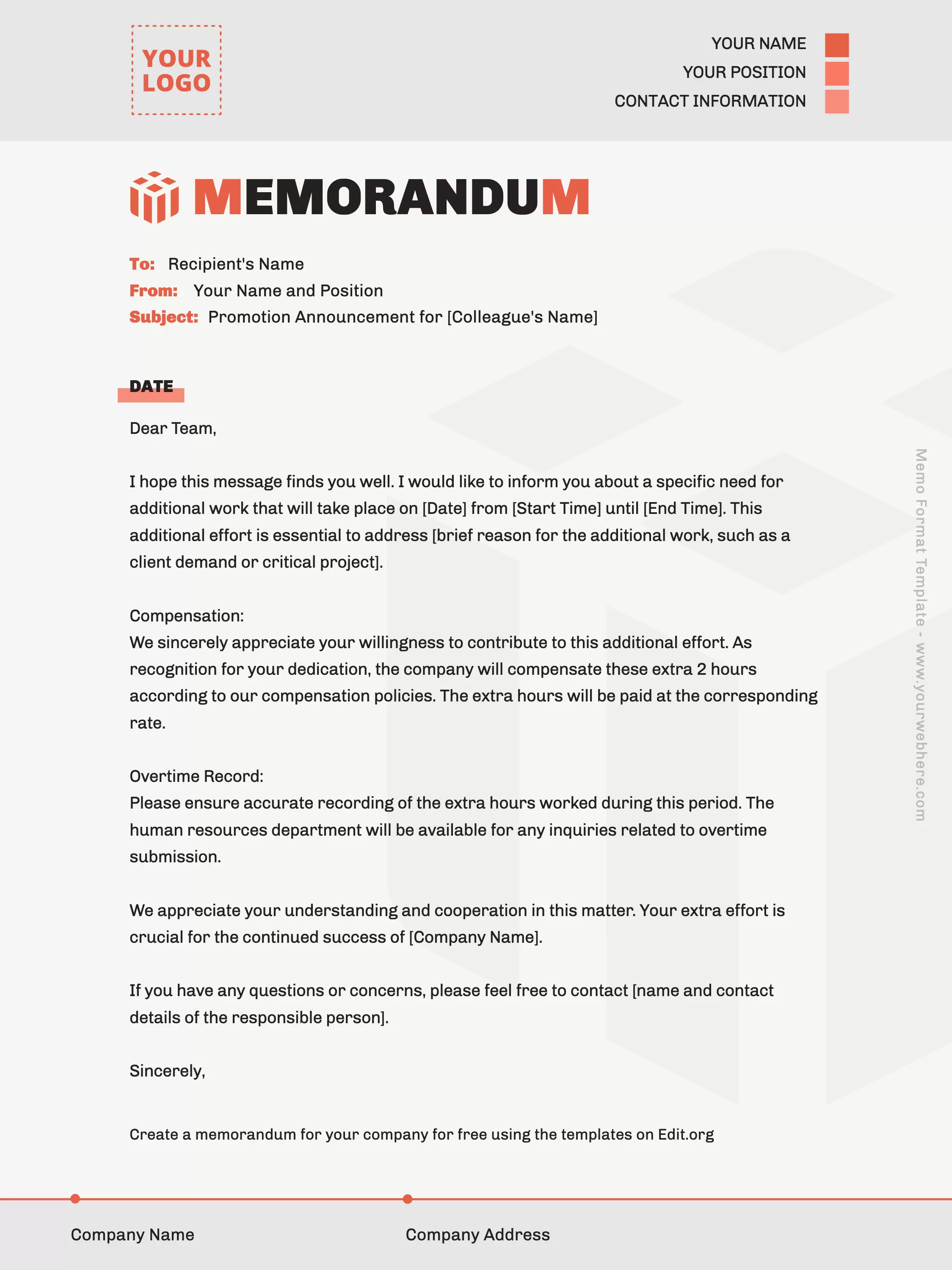 Printable example of Memo format for business