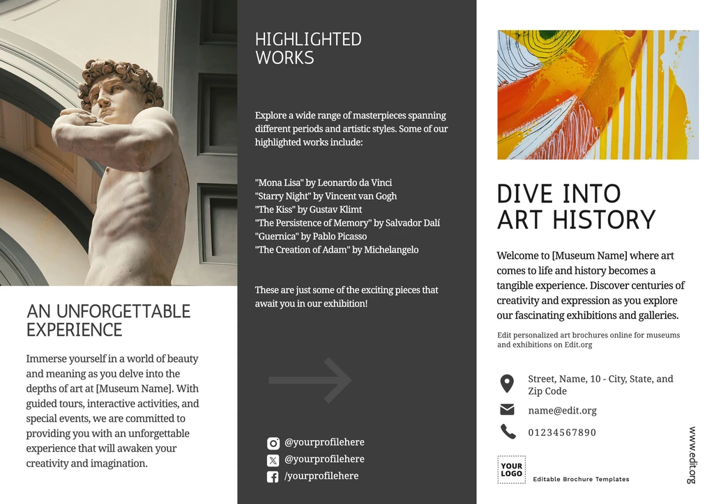 Printable informational Brochure template for art exhibitions