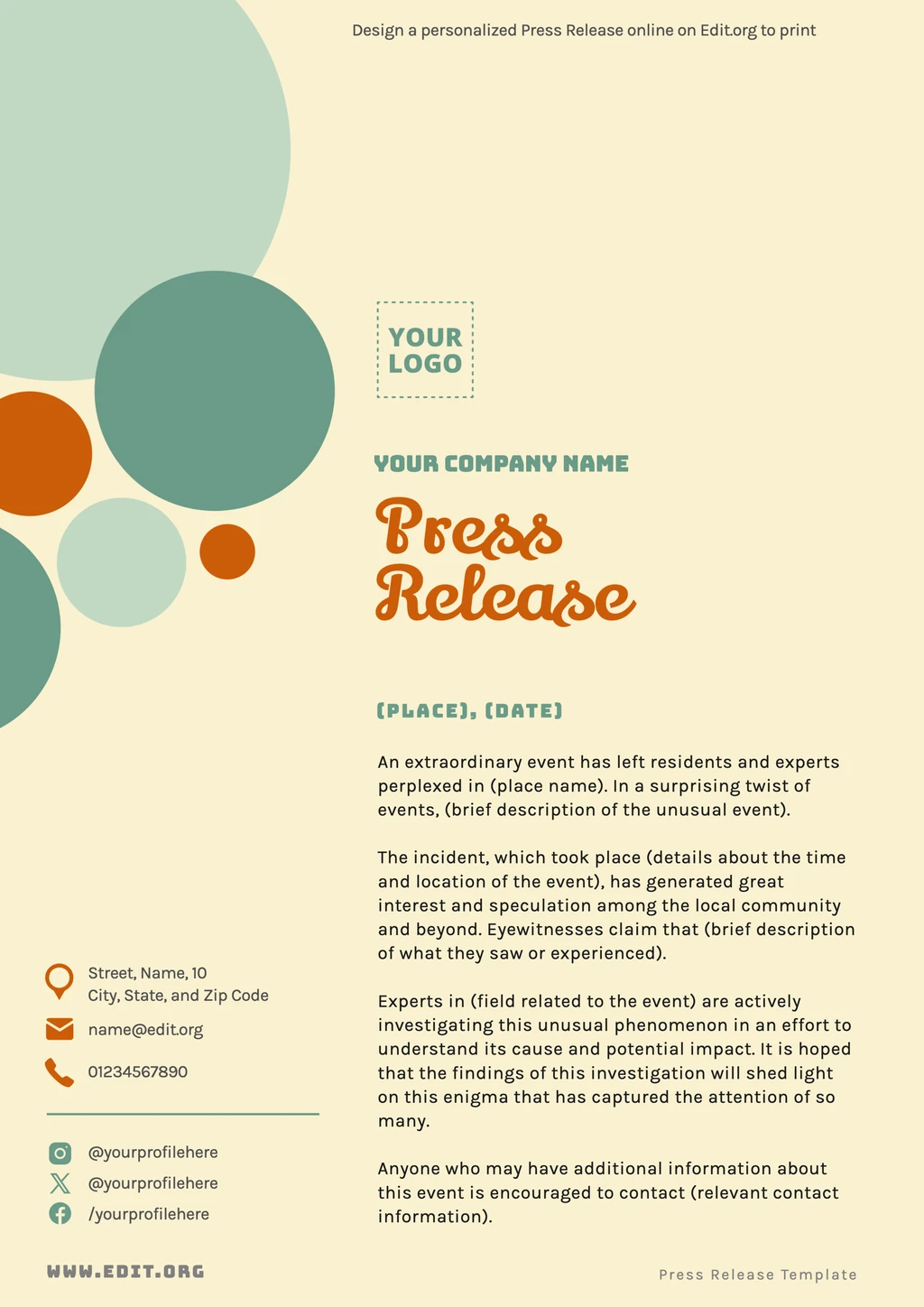 Free sample Press Release template for event