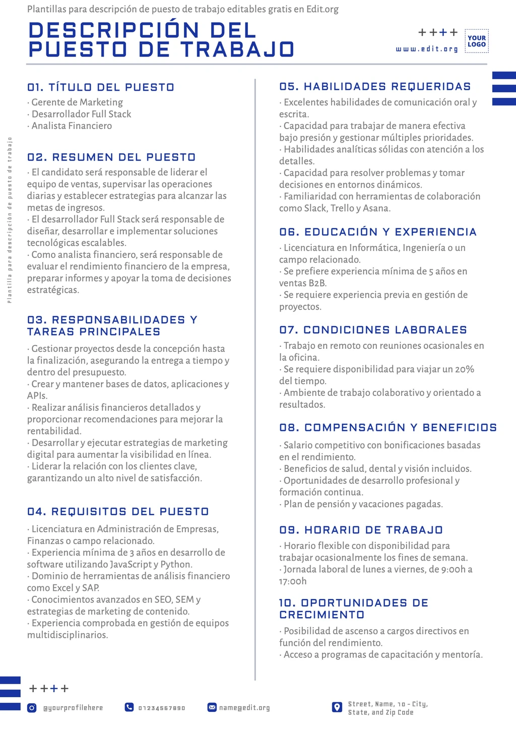 Plantilla descripción de puesto de trabajo personalizable online