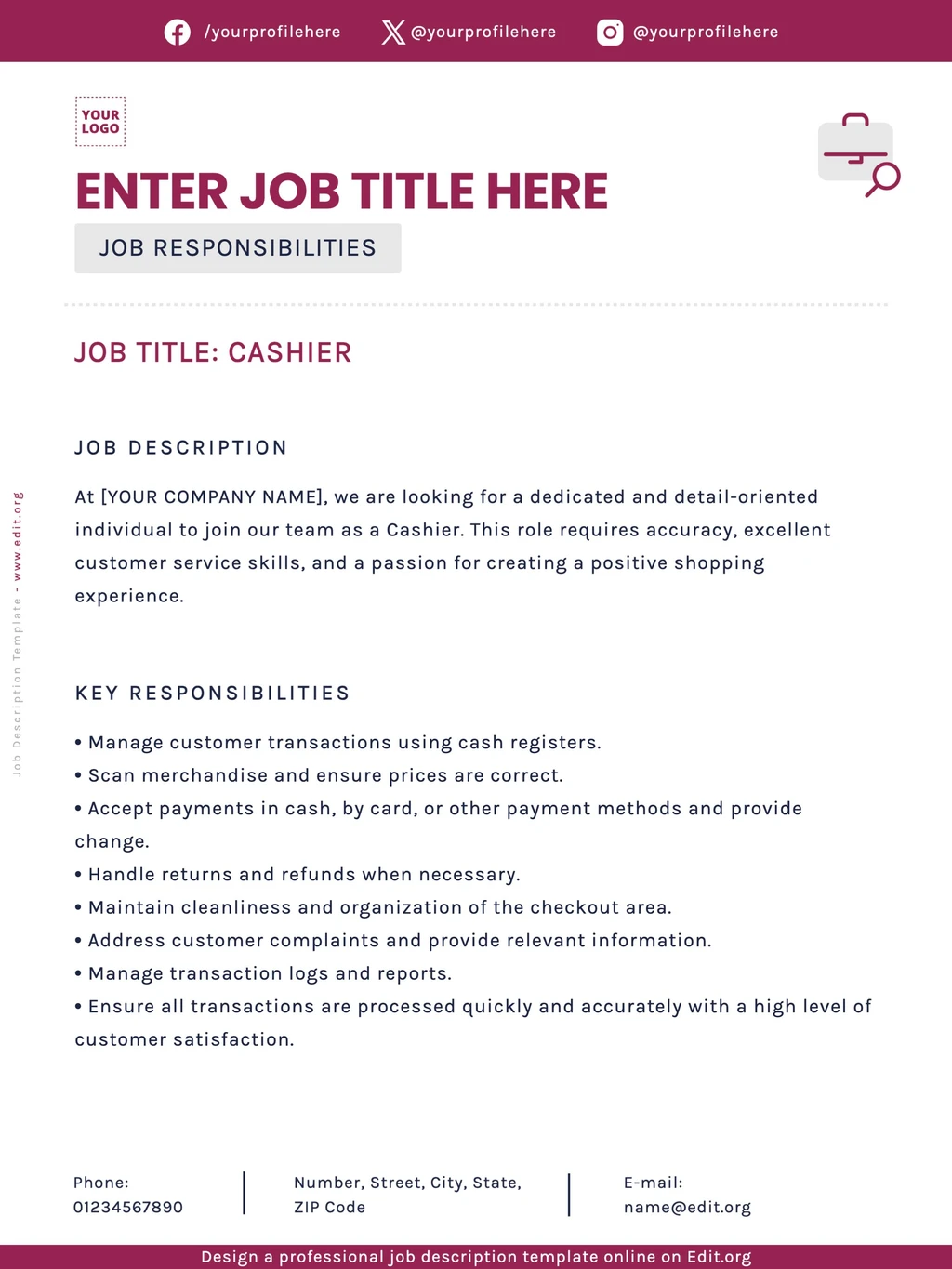 Free editable Job Description form example to download