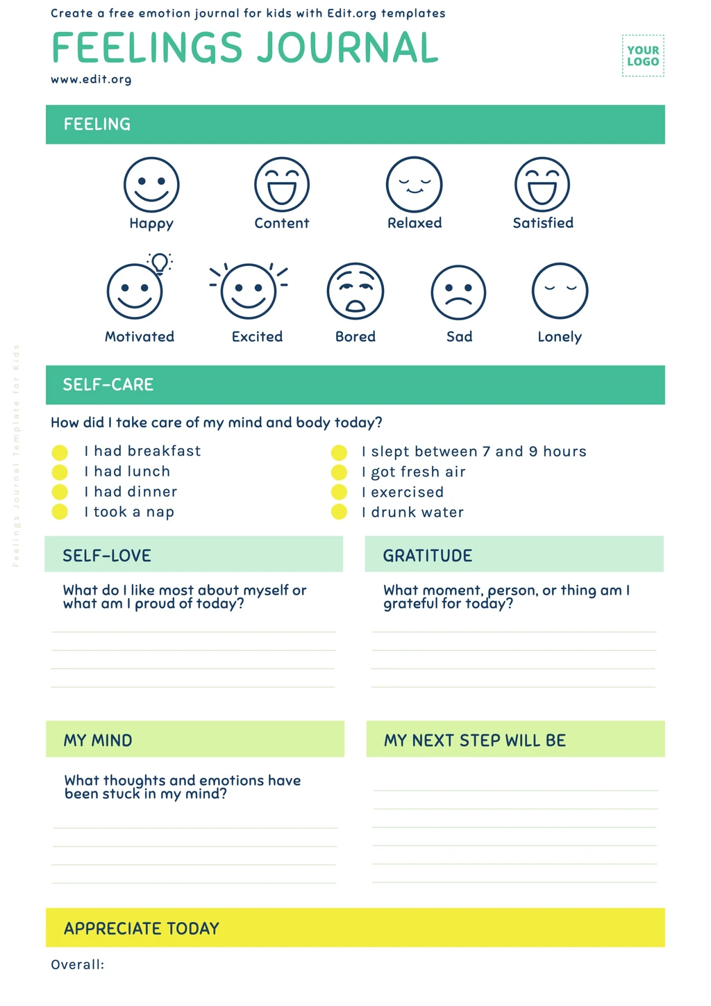 Free editable Daily Feelings journal template