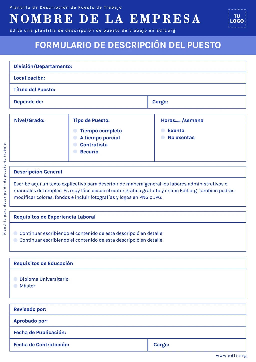 Descripción de puesto de trabajo plantilla editable para empresas