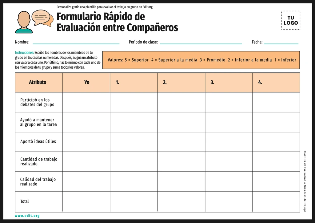 Plantilla para evaluación de un trabajo en equipo gratis