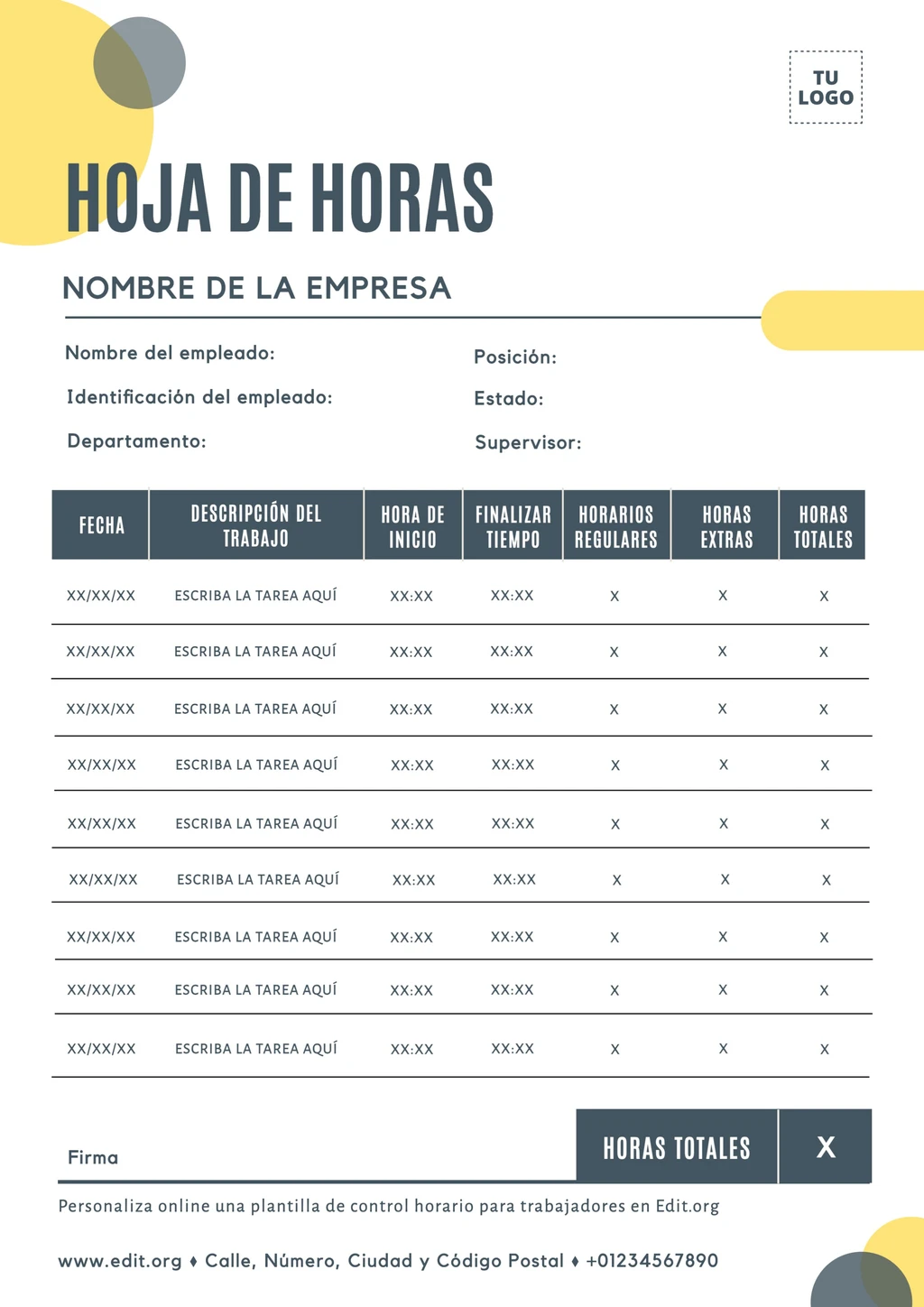 Plantilla control horario trabajadores PDF para editar gratis