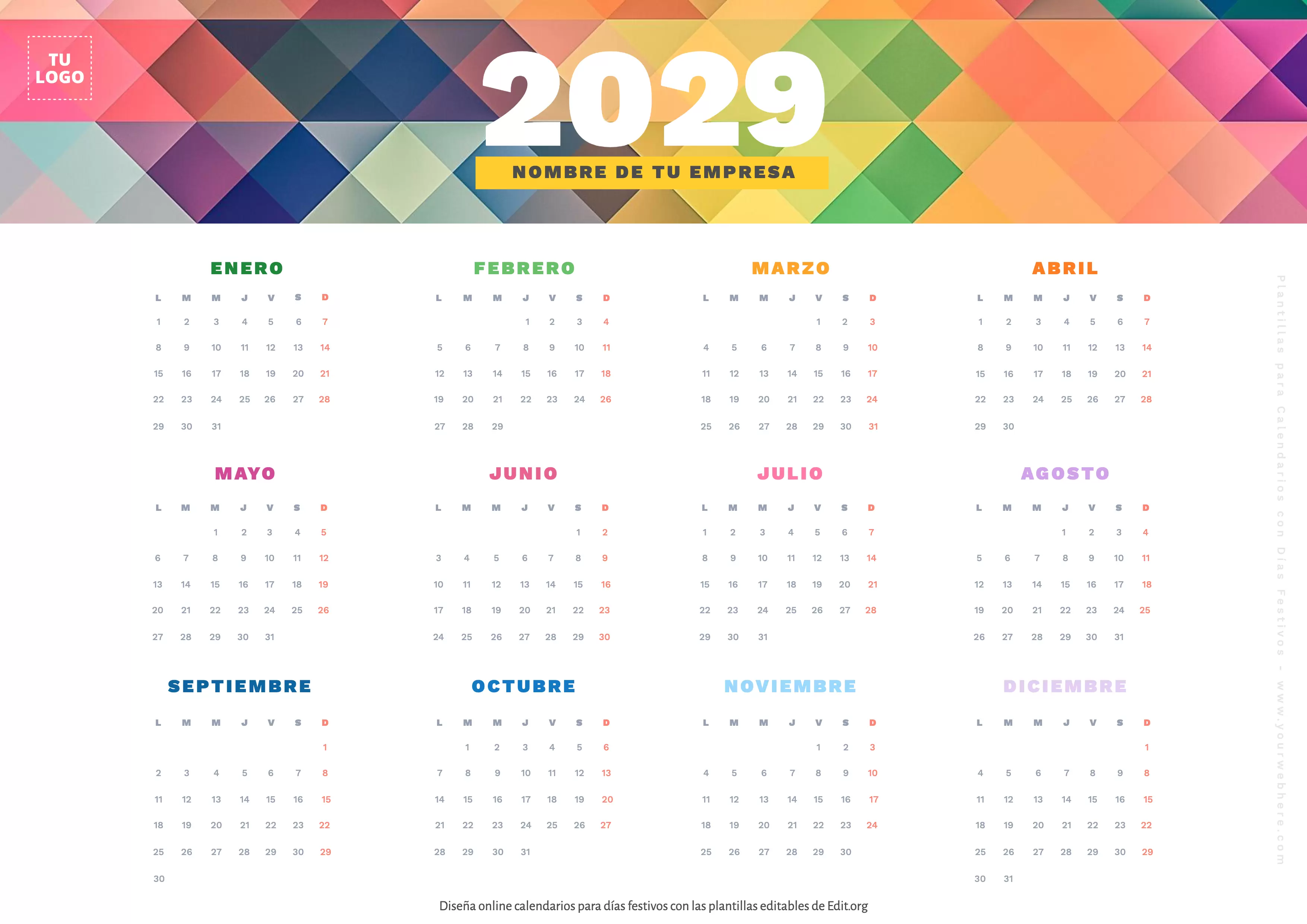 Calendario con días festivos editable online gratis