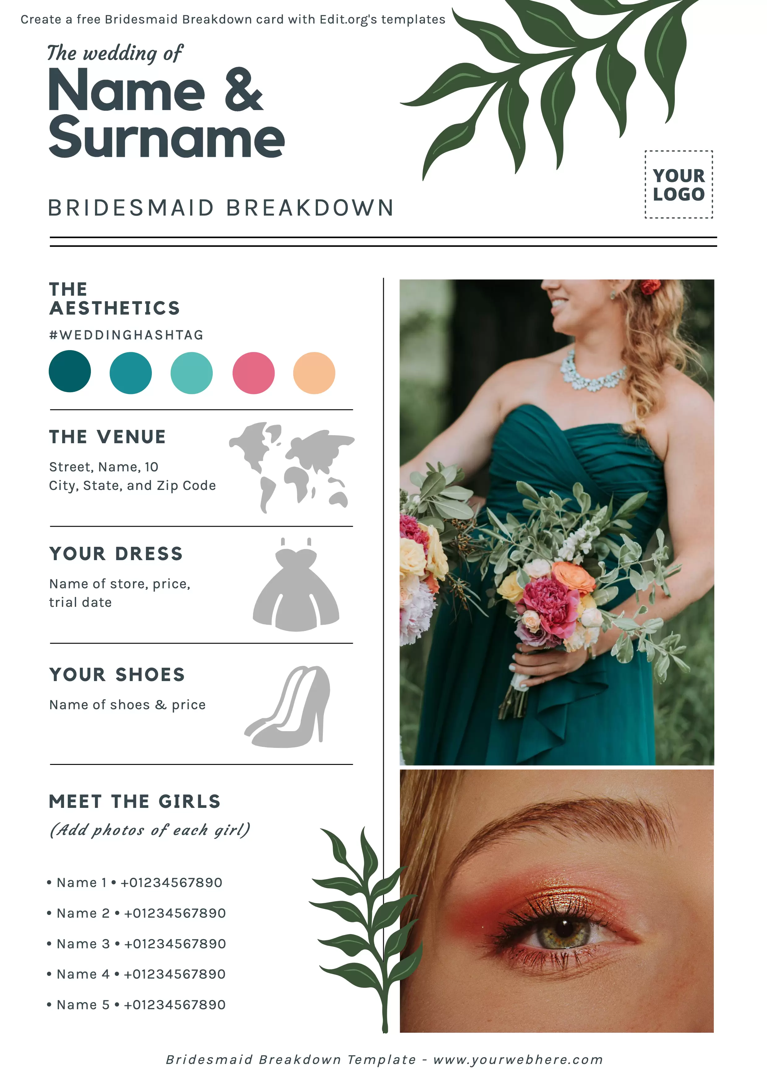 Editable Bridesmaid Breakdown card template for weddings