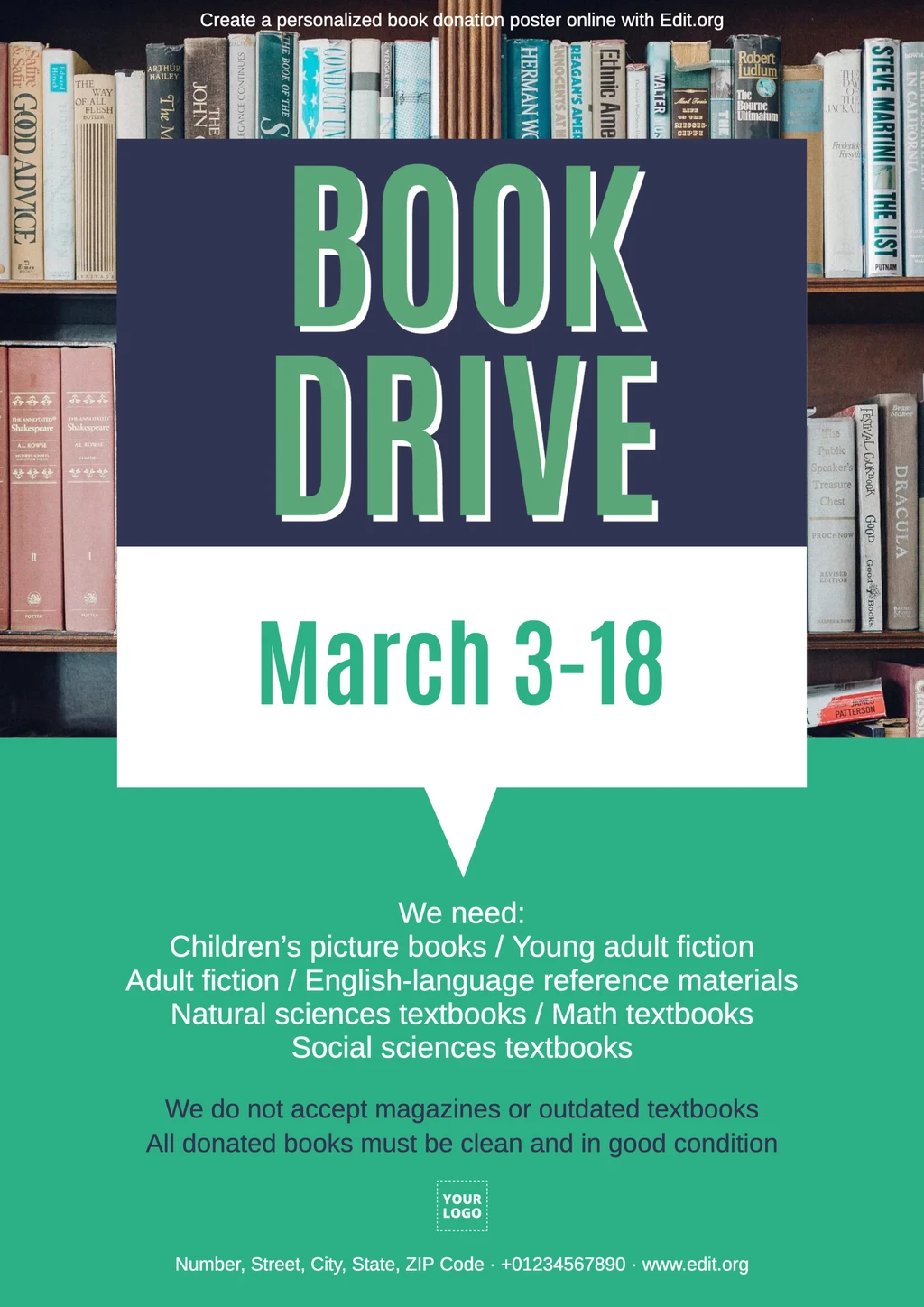 Editable Book Drive poster to print for free