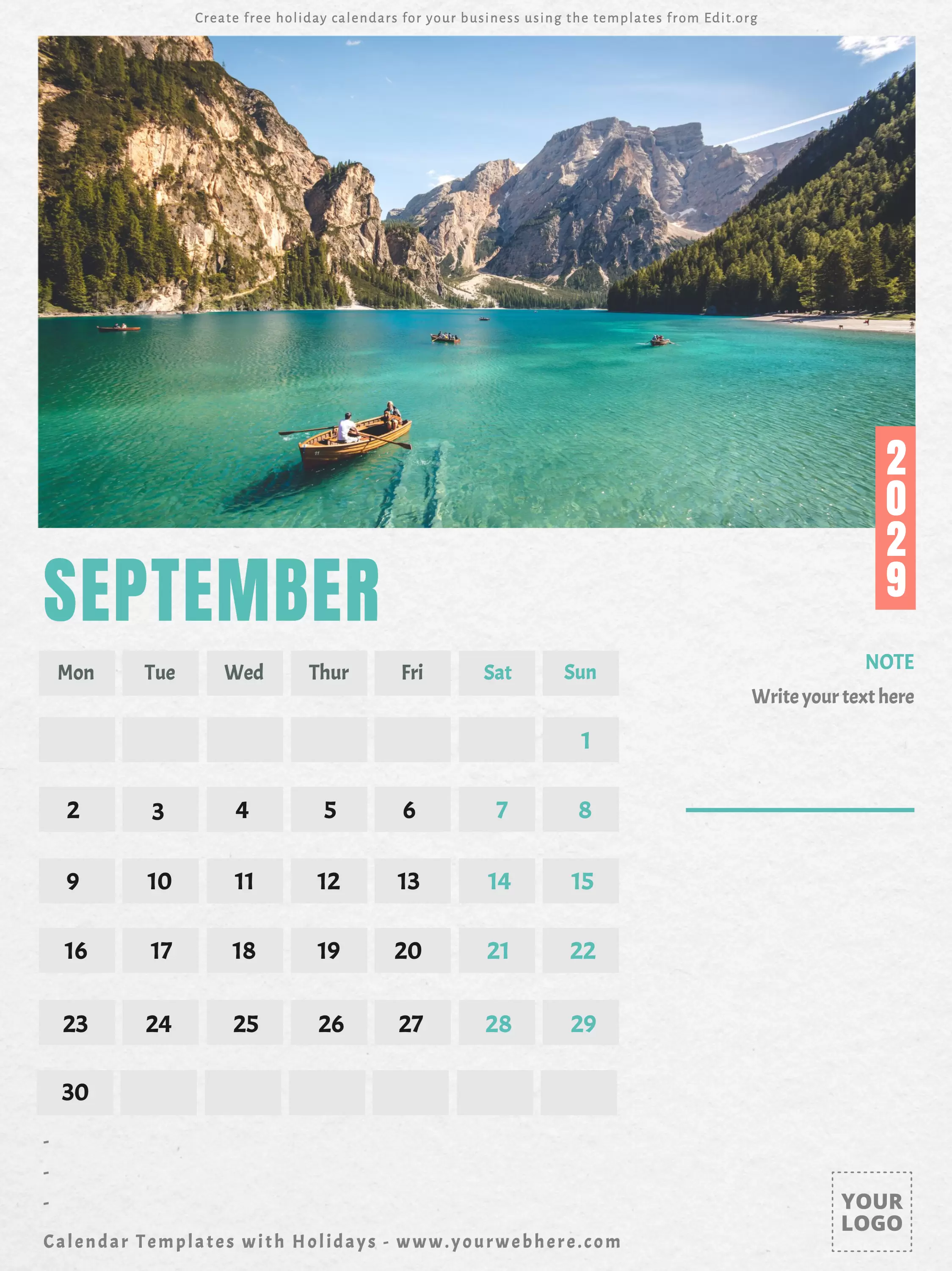 Downloadable September calendar with holidays template