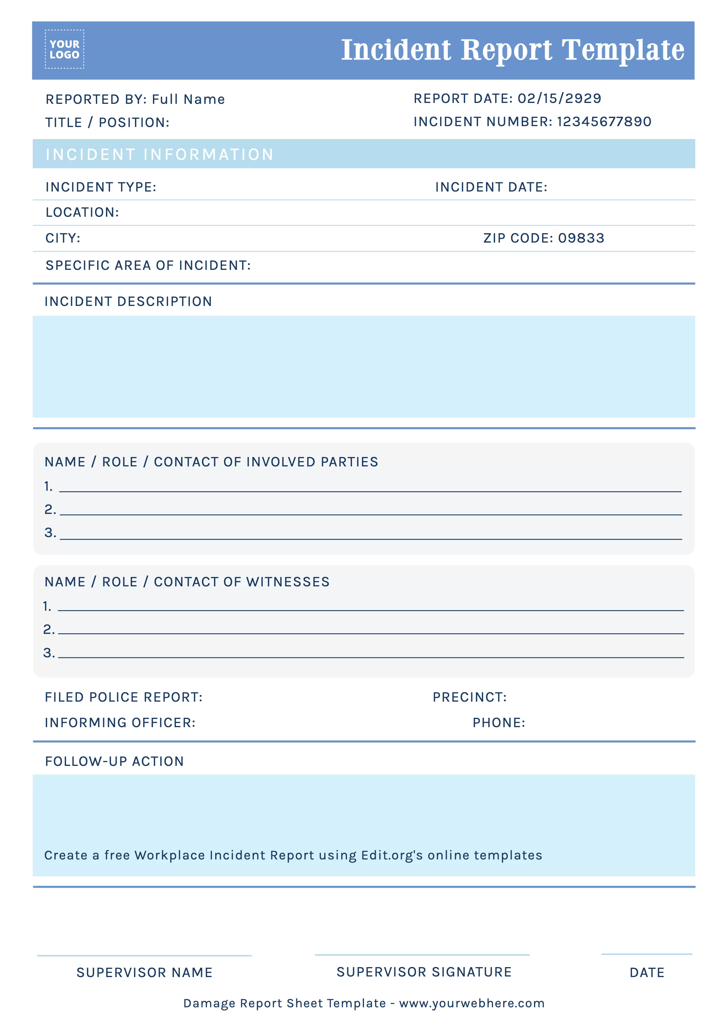 Printable sample format for Incident Report customizable online