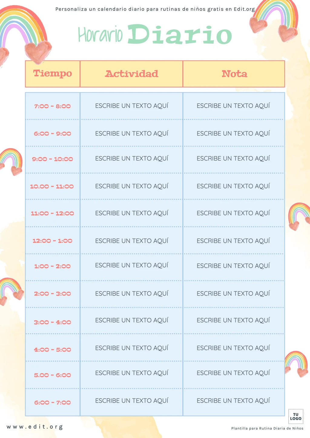 Plantilla de calendario rutina niños para descargar