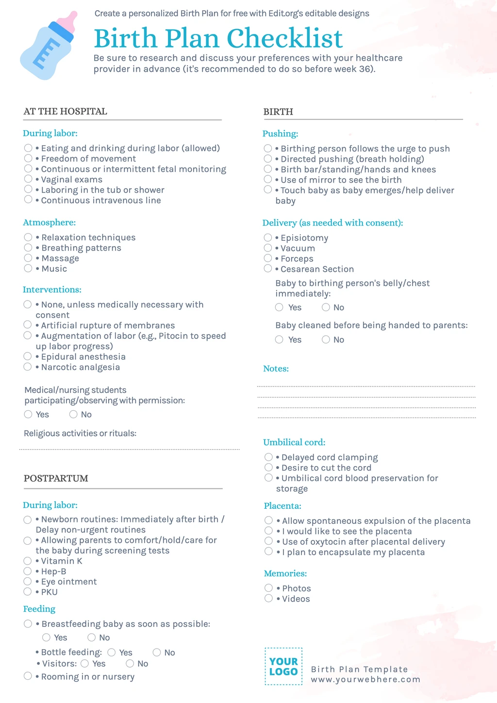 Printable Birth Plan checklist template for free