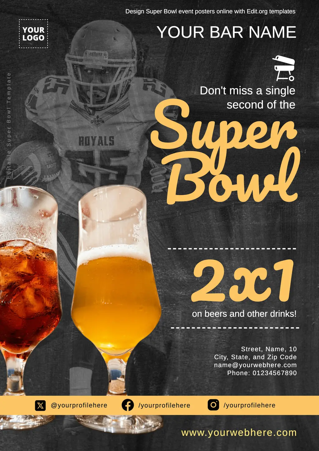 Printable Super Bowl menu flyer for bars and restaurants