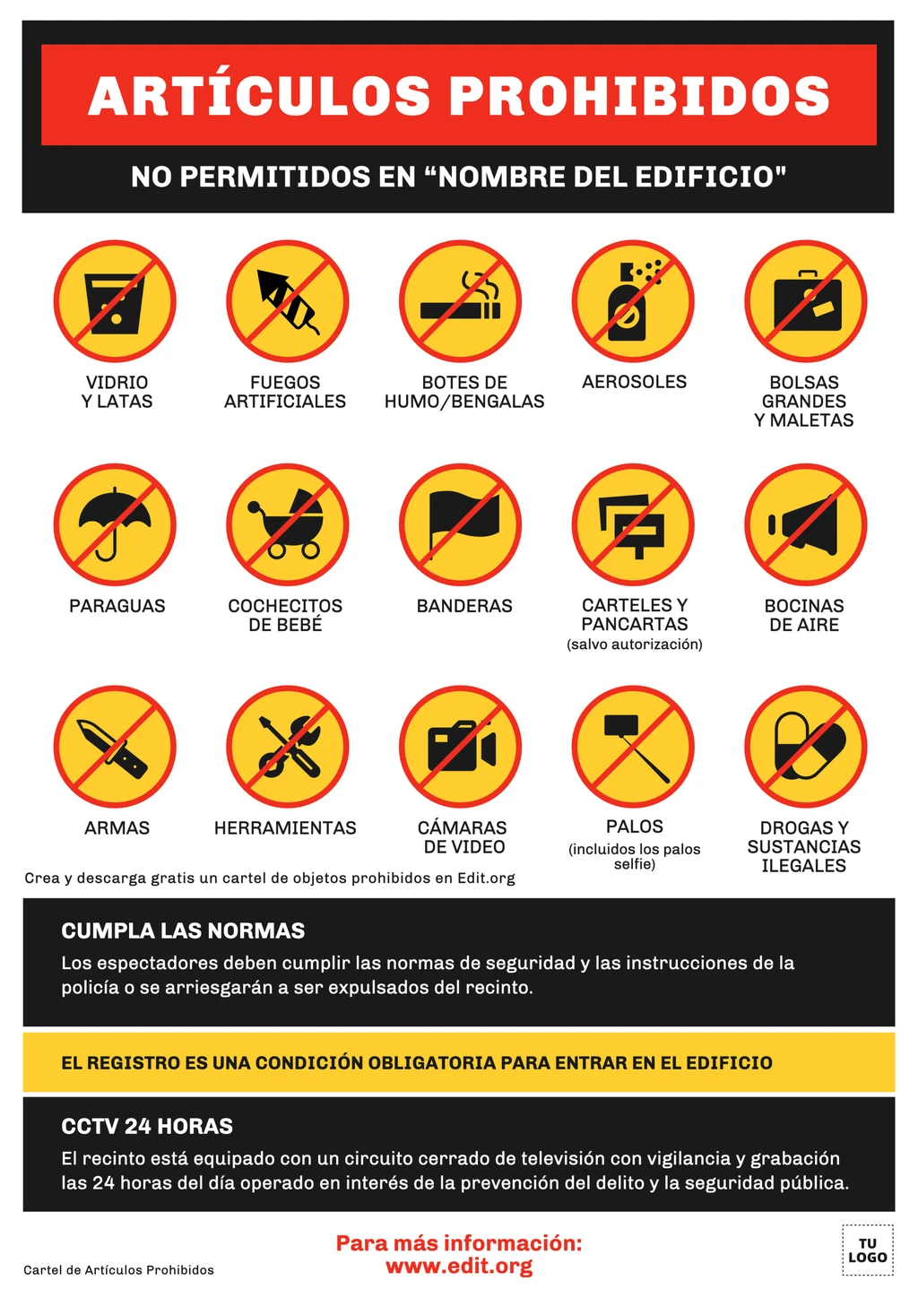 Cartel con ítems prohibidos para editar